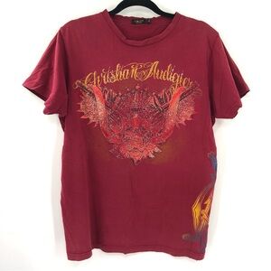 CHRISTIAN AUDIGIER Los Angeles Y2K Tshirt Bedazzled 00s Made in USA Red Shirt L